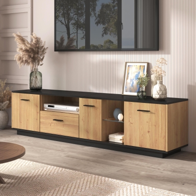 Modern TV Cabinet with 3 Doors, Black+Wood