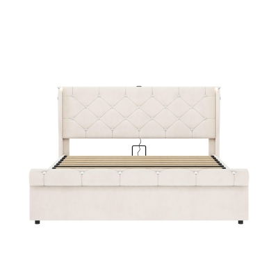 4ft6 Double Upholstered Bed with Built-in Type‑C & USB Charging, Beige