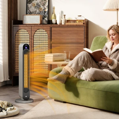 HOMCOM Calefactor Cerámico de Torre 1100/2200W Mando Pantalla LED Temporizador y Oscilación Ø25x73,5 cm Plata y Negro