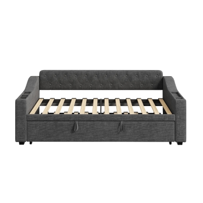 3-in-1 Upholstered Sofa Daybed with USB and Type-C Charging Station, Grey