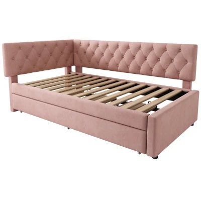 Upholstered Daybed with Pull-Out Trundle and Slatted Base, Pink