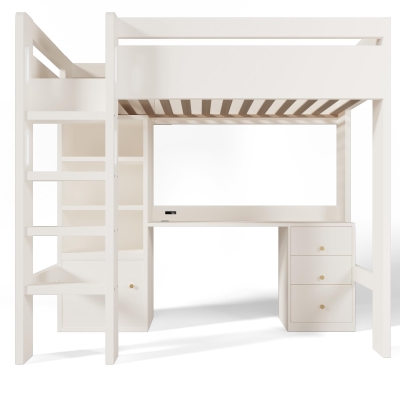 Kids' High Sleeper Loft Bed with Built-in Storage and Soft‑Close Drawers, White