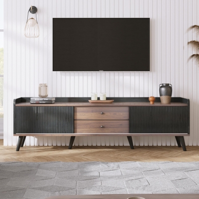 Modern TV Cabinet with 2 Centre Drawers and Striped Sliding Doors, Black+Wood