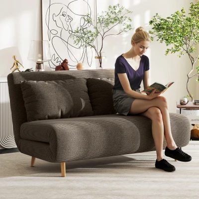 HOMCOM Schlafsofa, Gästebett, 3-fach verstellbare Rückenlehne, Kordoptik, bis 120 kg, 141 x 90 x 81 cm, Dunkelbraun