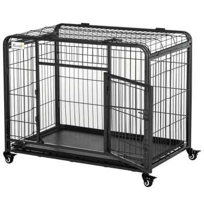 PawHut Tarc pentru caini pliabil, ușă dublă cu blocare 4 roți cu frână și fund detașabil, 109.5x71x78cm, Negru