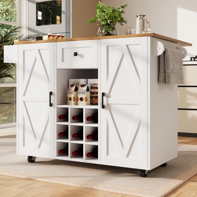 Modern Kitchen Island and Serving Trolley with Castors, White