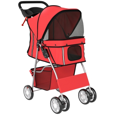 PawHut Dog Pram, Pet Stroller with Reflective Strips, Foldable Cat Stroller with 360° Swivel Wheels, Red