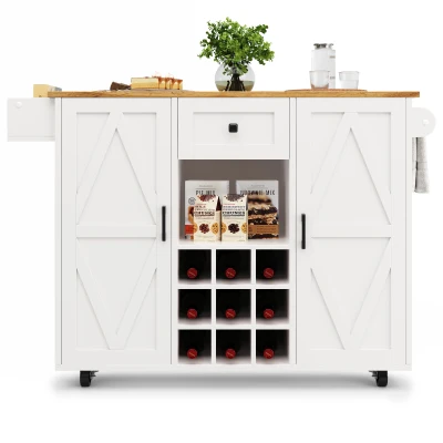 Modern Kitchen Island and Serving Trolley with Castors, White