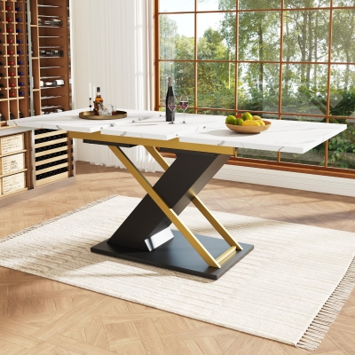 6–8 Seats Extendable Dining Table with Marble-Effect MDF Top, Black+Golden