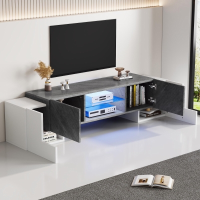 Modern TV Cabinet with App-Controlled LED Lighting, Media Cabinet with 4 Doors and 2 Open Shelves, 180L x 40W x 46.5H cm, Grey+White