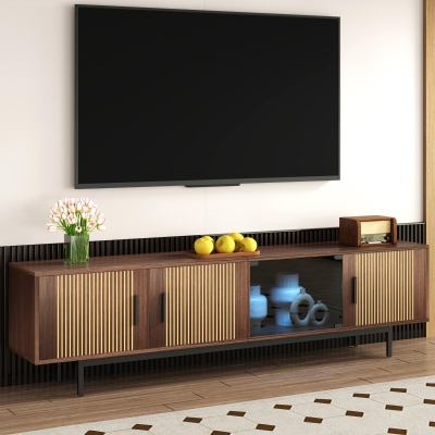 Modern TV Cabinet Lowboard with Carved Texture and Tempered Glass Doors, Wood