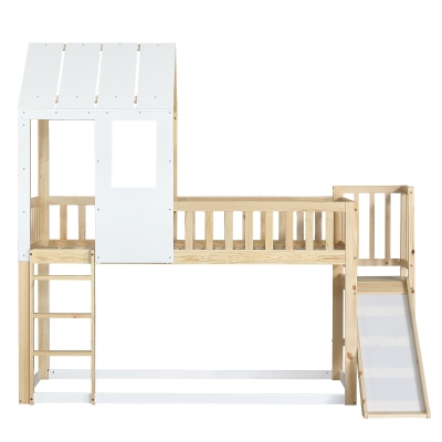 Wooden High Sleeper Bed with Slide and 3‑Step Ladder for Children, White+Natural