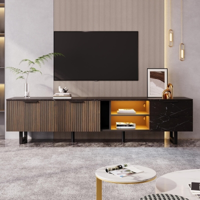 Modern TV Cabinet with 2 Wood-Grain Doors and 2 Open Shelves, Black+Wood