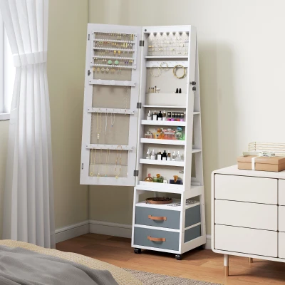 HOMCOM Schmuckschrank mit LED-Innenbeleuchtung Rollen 360° drehbar Offene Ablagen Stoffschubladen Weiß