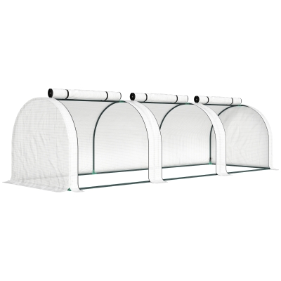 Outsunny Tunnelvormige kas, 3 ramen met ritssluiting, stalen frame, robuuste hoes, 295 x 100 x 80 cm, Wit