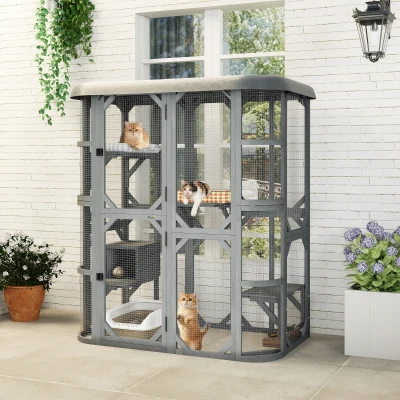 PawHut Wooden Catio with Platforms & Cover Grey