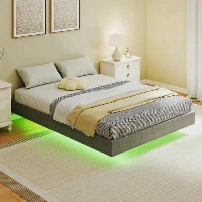 HOMCOM Cama 140x190 cm com Luzes LED Estofada em Linho Ripas de Madeira Silenciosa Fácil de Montar Cinzento