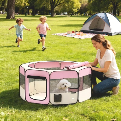 PawHut Faltbares Gehege für Hunde und Katzen Tragbares Auslaufgehege für kleine Tiere Wasserdichtes Oxford-Gewebe Ø120x58cm Rosa