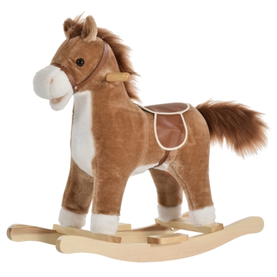 HOMCOM Kids Plush Rocking Horse w/ Sound Moving Mouth Wagging Tail Children Rocker Ride On Toy Gift 3-6 Years Brown