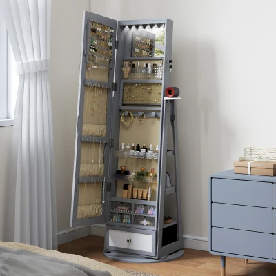 HOMCOM Schmuckschrank mit LED-Beleuchtung Schmuckschrank mit Ganzkörperspiegel 360° drehbar Schublade Schloss Hellgrau