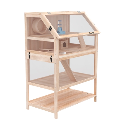 PawHut Jaula para hámster de madera 3 niveles Jaula para roedores con base desmontable, estante, rueda, balancín, rampa, casita 80x53x117cm Madera natural