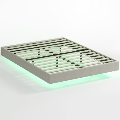 HOMCOM Lit Flottant 140x190cm LED Lin Beige Lattes Bois