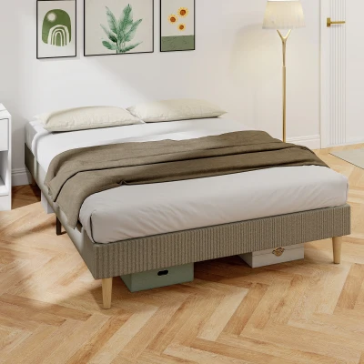 HOMCOM Lit Double 140x190cm Velours Côtelé Gris avec Sommier