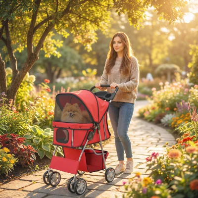 PawHut Carrinho para Cães Dobrável com Fitas Refletoras, Rodas Giratórias, Travões e Almofada Lavável, Vermelho
