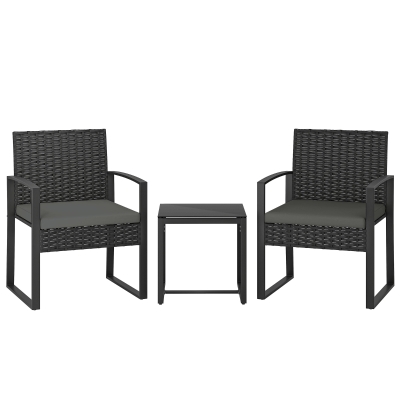 Outsunny Rattan Bistro Set, 3-piece Garden Furniture Set with 2 Garden Chairs, Coffee Table, Removable Cushions Dark Gray