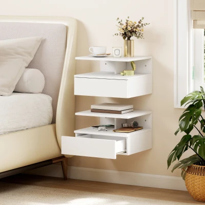 HOMCOM Set of 2 Floating Nightstands with Drawer Wall-Mounted 35x32x22.5 cm White