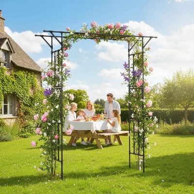Outsunny Garden Arch, PE-Coated Steel Arbour Trellis for Climbing Plants, Rose Arch, 180 x 40 x 215 cm, Black