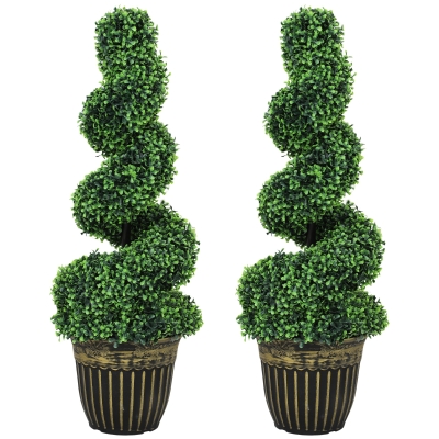 HOMCOM Set of 2 Artificial Plants, Topiary Spiral Boxwood Trees with Pot, for Home Indoor Outdoor Decor, 90cm