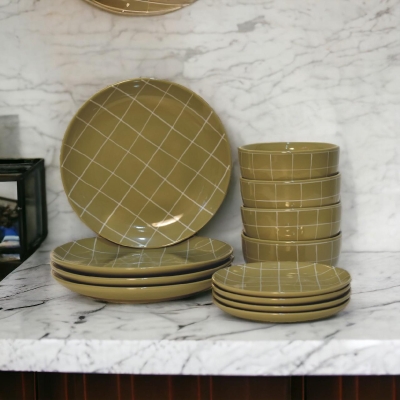 Dahlia 12-Piece Dinner Set for 4 with Smooth Timeless Finish, Olive Green