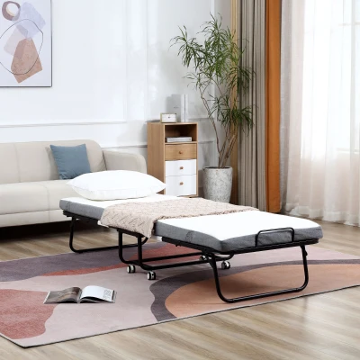 HOMCOM Cama Plegable 200x90 cm con 4 Ruedas, Cama de Camping Portátil, con Colchón Individual de 10 cm, Marco de Acero, Carga 150 kg, para Dormitorio, Salón, Oficina, Blanco