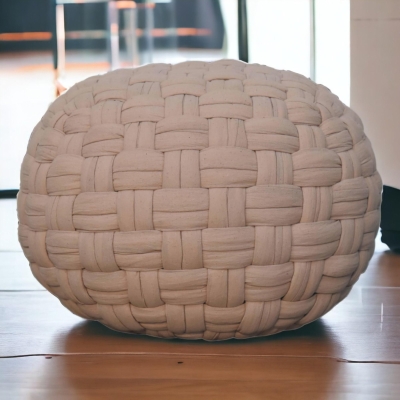 Handcrafted Tube Pouffe with Pleated Design and Breathable Cotton Fabric, Cream