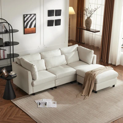 Canapé d'angle moderne en L avec pouf, Beige