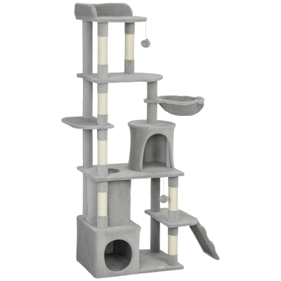 PawHut Arbre à chat tour de jeux 7 poteaux à griffer 3 platesformes 2 niches tunnel hamac et 2 pompons 170 cm gris foncé