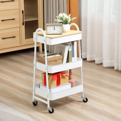 HOMCOM Chariot Acier 3 Niveaux Roulettes Plateau MDF 45x31x79cm