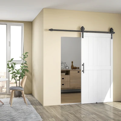 HOMCOM Puerta Corredera Estilo Country con Riel y Tirador en Madera y Acero, 106.6x213.4 cm, Blanco y Negro