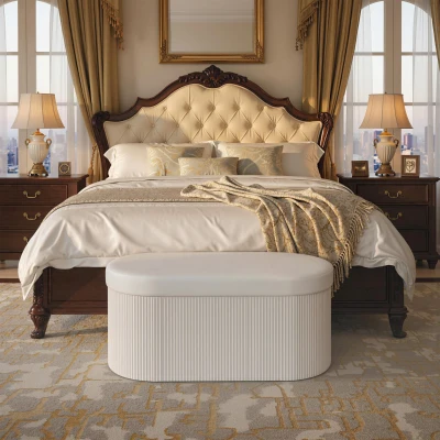 HOMCOM Storage Ottoman Folding Storage Bench 72 L 76x38x35 cm Velvet Upholstery Storage Chest Cream