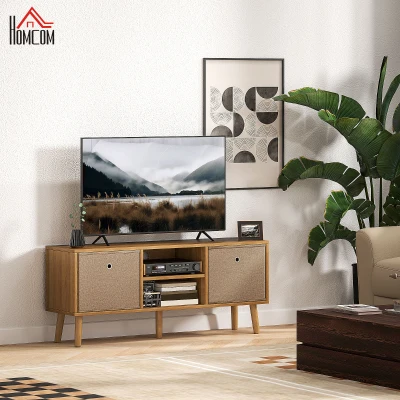 HOMCOM Móvel de TV para Televisores de até 50 Polegadas com 2 Gavetas de Tecido 2 Prateleiras Abertas 110x29x46,5 cm Madeira e Castanho Claro