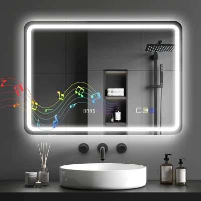 HOMCOM Espejo de Baño con Luz LED 70x50 cm con Bluetooth 3 Colores de Luz Reloj Digital Función Antivaho Función de Memoria