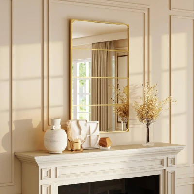 HOMCOM Espelho de parede retangular estilo verrière, estilo industrial, horizontal ou vertical com 4 ganchos, em metal dourado 109 x 69 cm