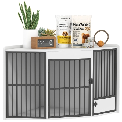 PawHut Hondenbox, Schuilbox voor Kleine en Middelgrote Honden, Huisdierbox met Voedingsdeur, MDF, Metaal, Wit