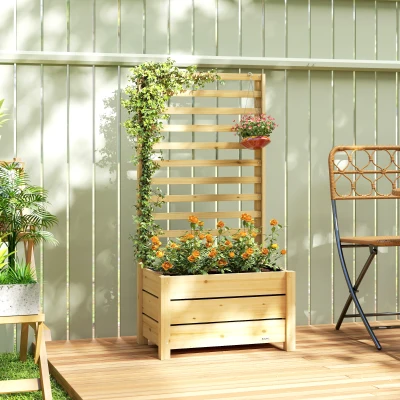 Outsunny Raised bed with trellis Wood elevated flower box with trellis drainage hole fabric liner 60 x 39 x 120 cm Natural wood