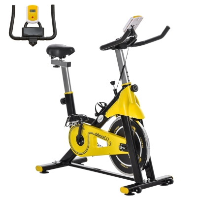 HOMCOM fietstrainer in hoogte verstelbare hometrainer fitness fiets rollertrainer met riemaandrijving LCD display staal ABS geel + zwart 50 x 100 x 101-113 cm