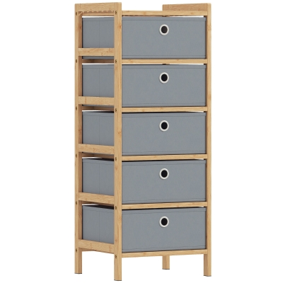 HOMCOM Chest of Drawers, 5 Fabric Drawers Narrow Dresser with Bamboo Frame, Light Grey