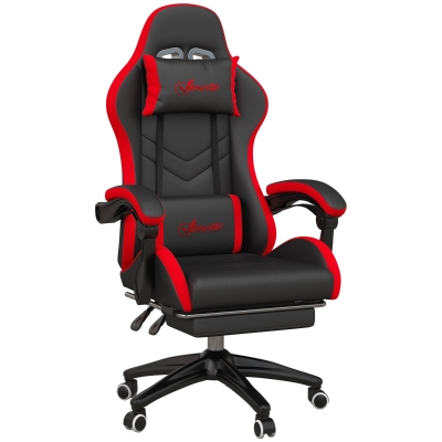 Vinsetto Silla Gaming de Cuero Sintético Reclinable 135° Reposacabezas y Reposapiés 65x65x121-129cm Negro y Rojo