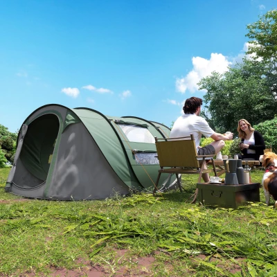 Outsunny 4-5 Person Pop-up Camping Tent Family Tent w/ 2 Mesh Windows & PVC Windows Portable Carry Bag for Outdoor Trip, Dark Green