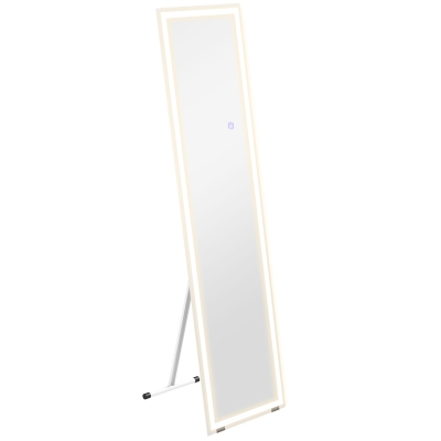 HOMCOM Full Length Mirror with LED Lights, 150x40cm Floor Mirror, Free Standing, Wall Mounted or Leaning, Full Size Body Mirror with Dimmable and 3 Colour Lighting for Bedroom, White